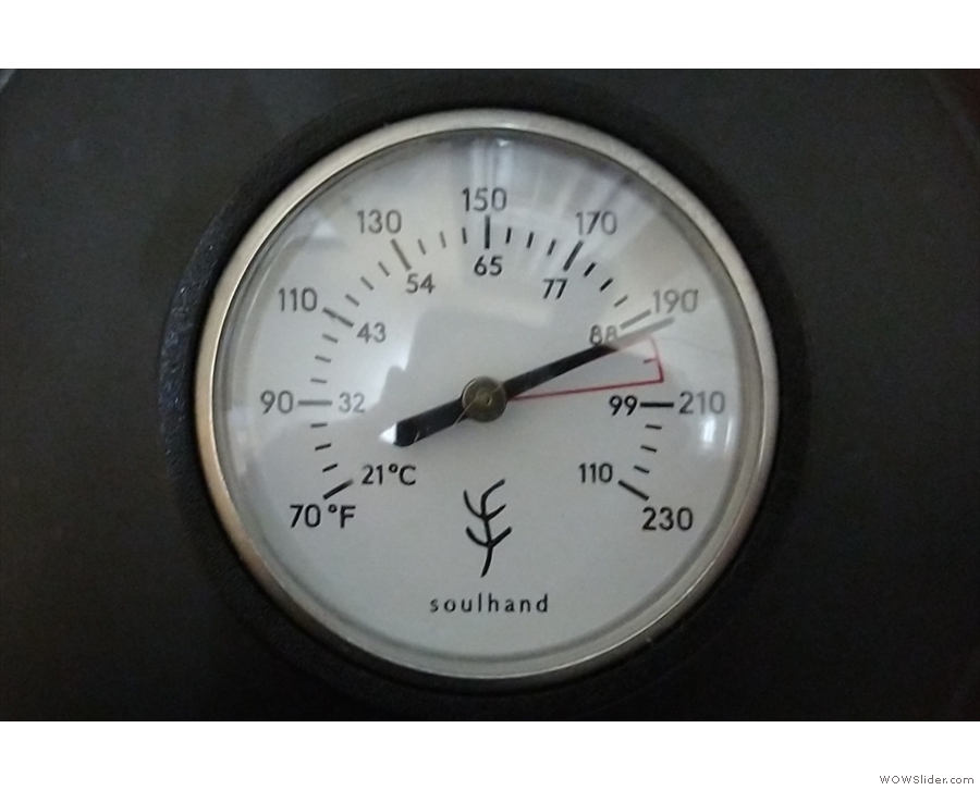 The thermometer is marked in both Celcius and Farenheit with a red area for the 'perfect'...