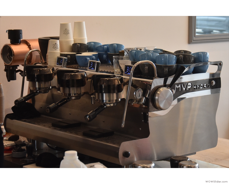 ... while the espresso machine, a three-group Synesso Hydra, is at the other end.