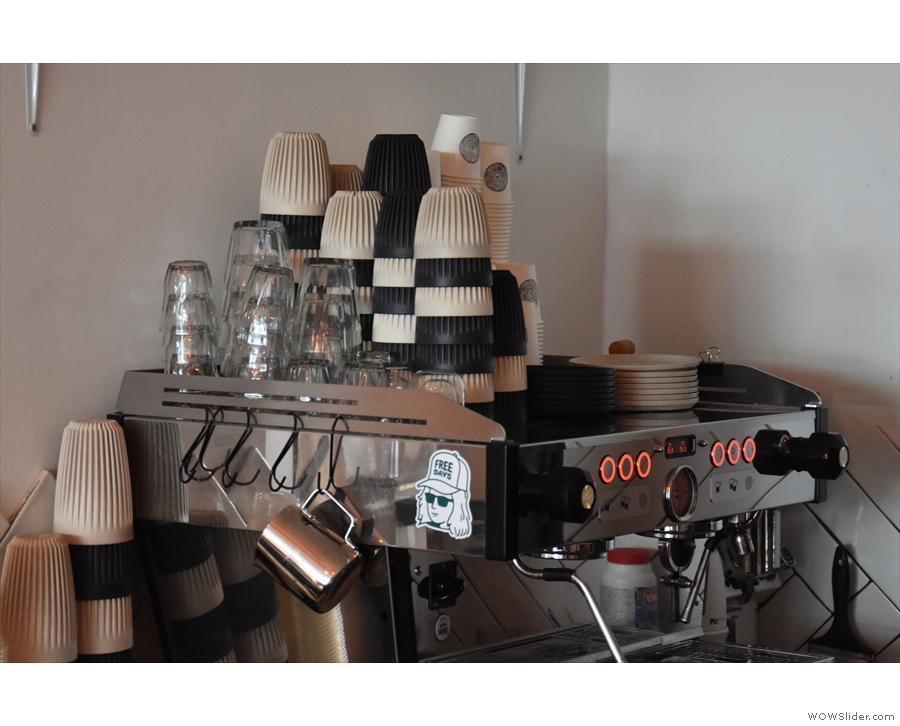 At the back, on the left, is the La Marzocco Linea espresso machine (and HuskeeCups!)