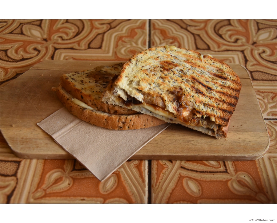My toastie, served on a wooden board...