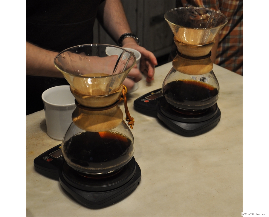 Once the water's filtered through, the filters are discarded & the coffee's ready.