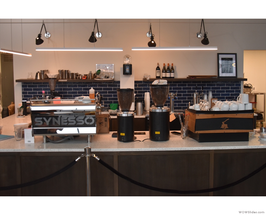 The counter, with its twin espresso machines, is a thing of beauty, sadly roped off for now.