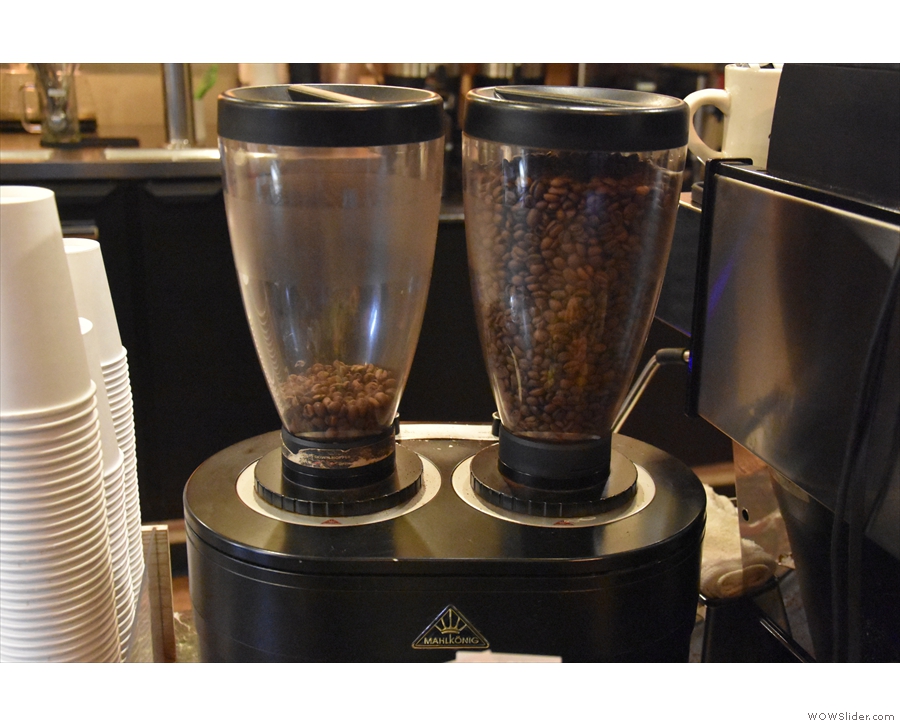 You can see the beans in the hoppers, the Ethiopian to the left, with a much lighter roast.