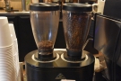 You can see the beans in the hoppers, the Ethiopian to the left, with a much lighter roast.