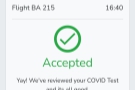 Back in the VeriFLY app (which also shows a notification), the test has been accepted.