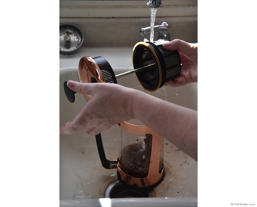 Step one, rinse out the plunger. This can be done separately, or, to minimise water use...