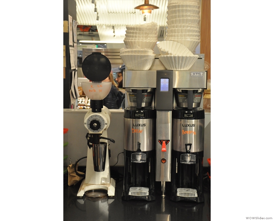 Also from 2016, here's a picture of the batch brew filter machine, plus the EK43 grinder.