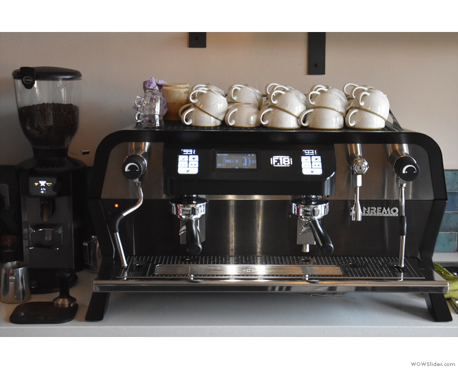 ... brand-new Sanremo F18 espresso machine and its grinder.