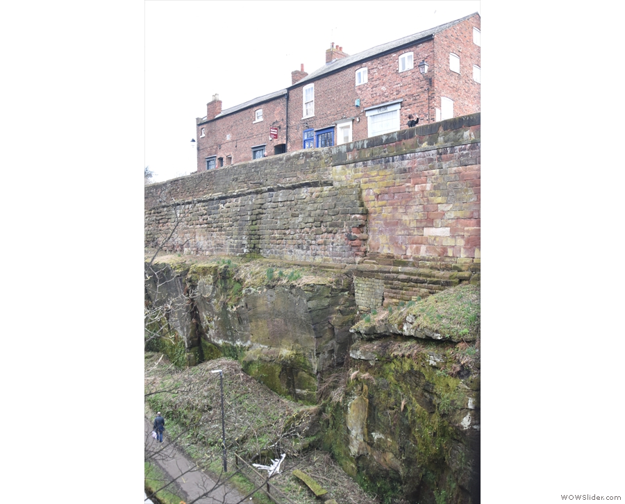 High on Chester city walls, themselves towering over the canal below, is this blue...