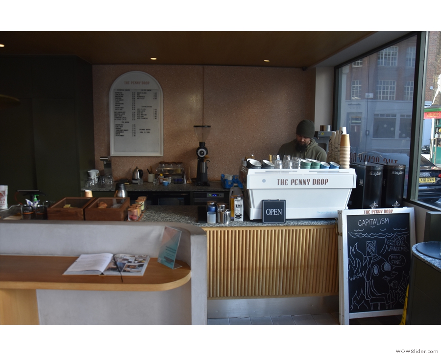 A more traditional view of the counter, with the espresso machine...