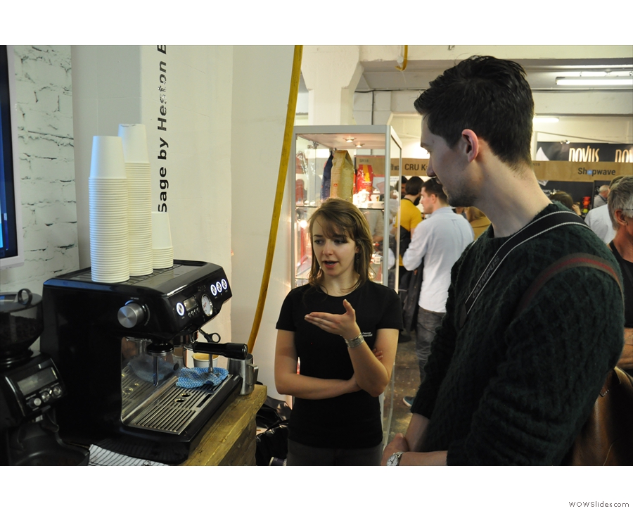 Matt, aka the Gladieater, is shown the ropes by barista Caitlin, who offers him a go.