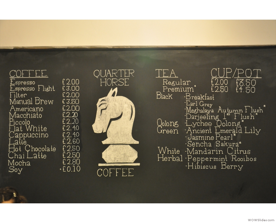 The menu reveals a comprehensive coffee menu, as well as lots of tea.