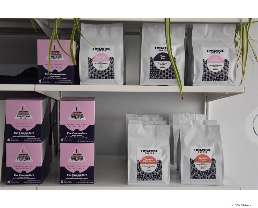 ... including boxes of Steeped Coffee (left) and various blends and single-origins (right).