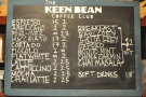 So, to business. Keen Bean, despite its size, has a comprehensive coffee menu.