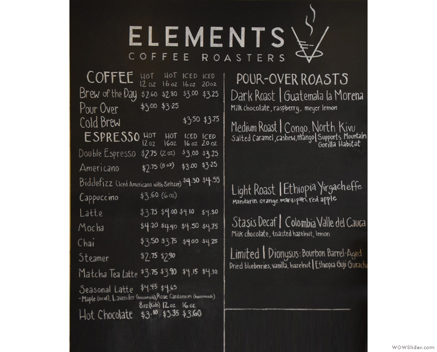 ... from Elements Coffee Roasters. The pour-over options are seasonal by the way.