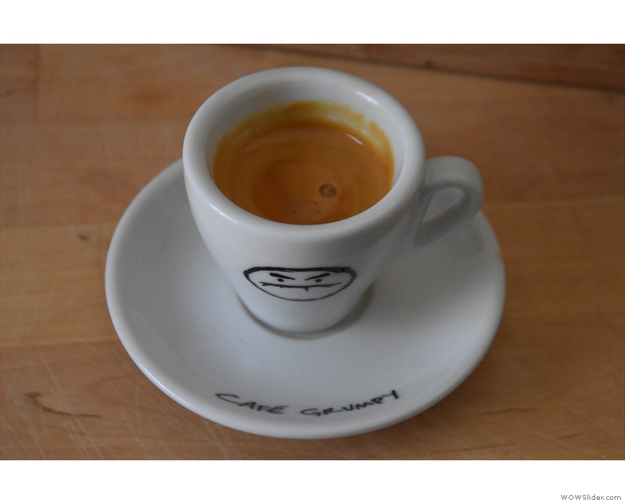 And here it is, a timed and weighed shot in Amanda's Cafe Grumpy espresso cup.