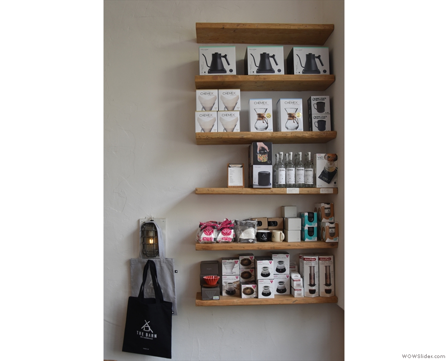 There's also coffee kit on shelves on the wall at the end of the counter.
