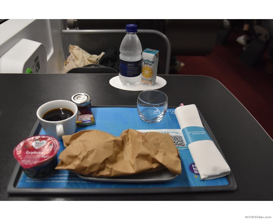 Breakfast is served, 20 minutes after leaving St Pancras. As well as the yoghurt, there's...