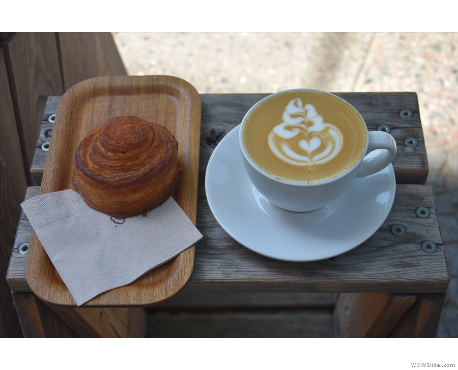 Talking of which, I had coffee and cake, a flat white and a kouign-amann...