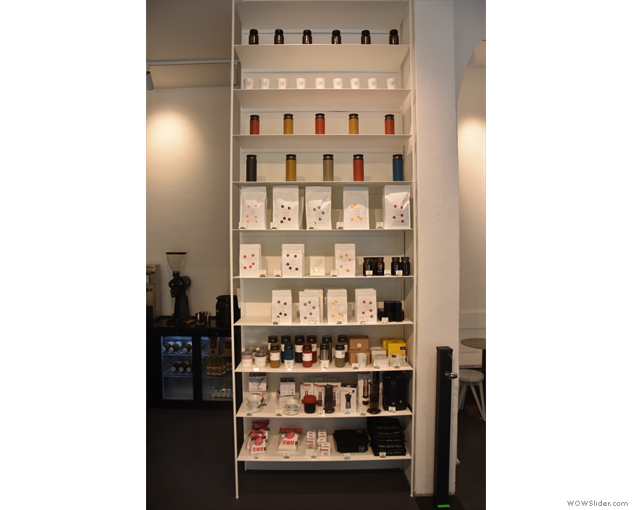 The retail shelves in more detail, with coffee kit along with bags of Nano Kaffee's coffee.
