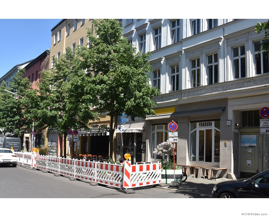 The view along Dresdener Straße, home of Nano Kaffee, looking towards Oranienplatz.