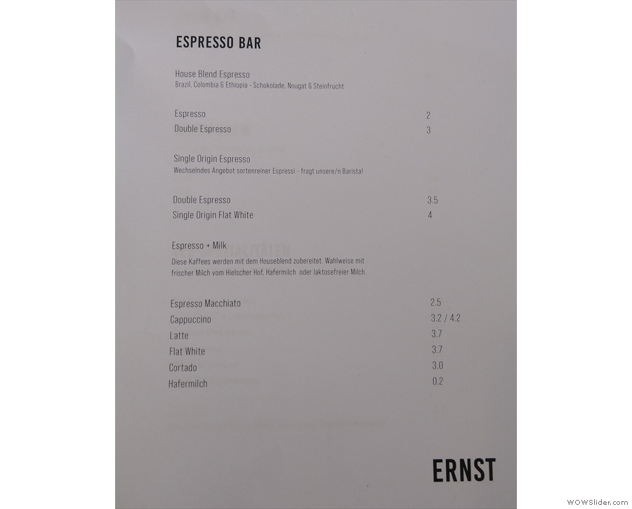 The various espresso options are listed on the front page...