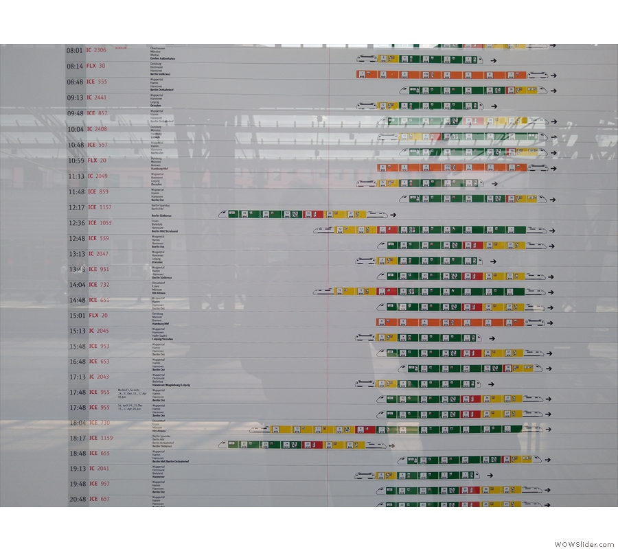 Each platform has this handy train composition table, showing each departure.