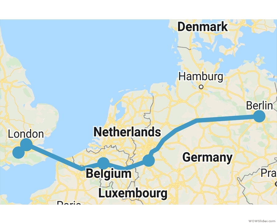 London to Berlin by train, via Brussels and Köln.