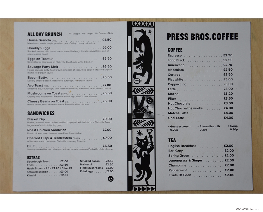 ... with a more detailed printed menu, which includes brunch and sandwiches on one side...