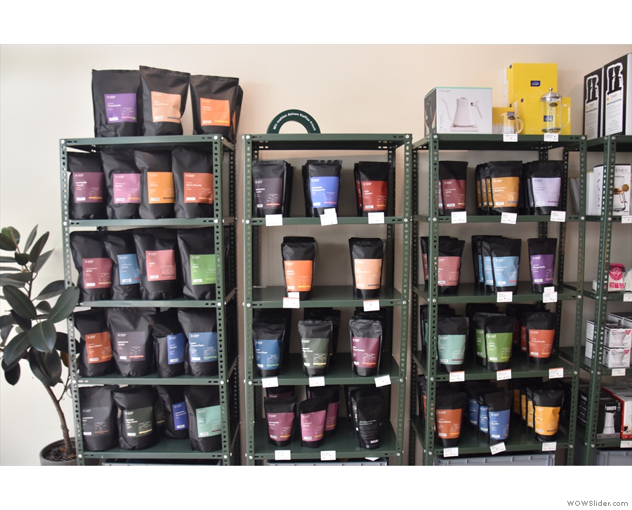 The retail shelves hold a wide (and colourful) range of Coffee Circle's retail bags of coffee.