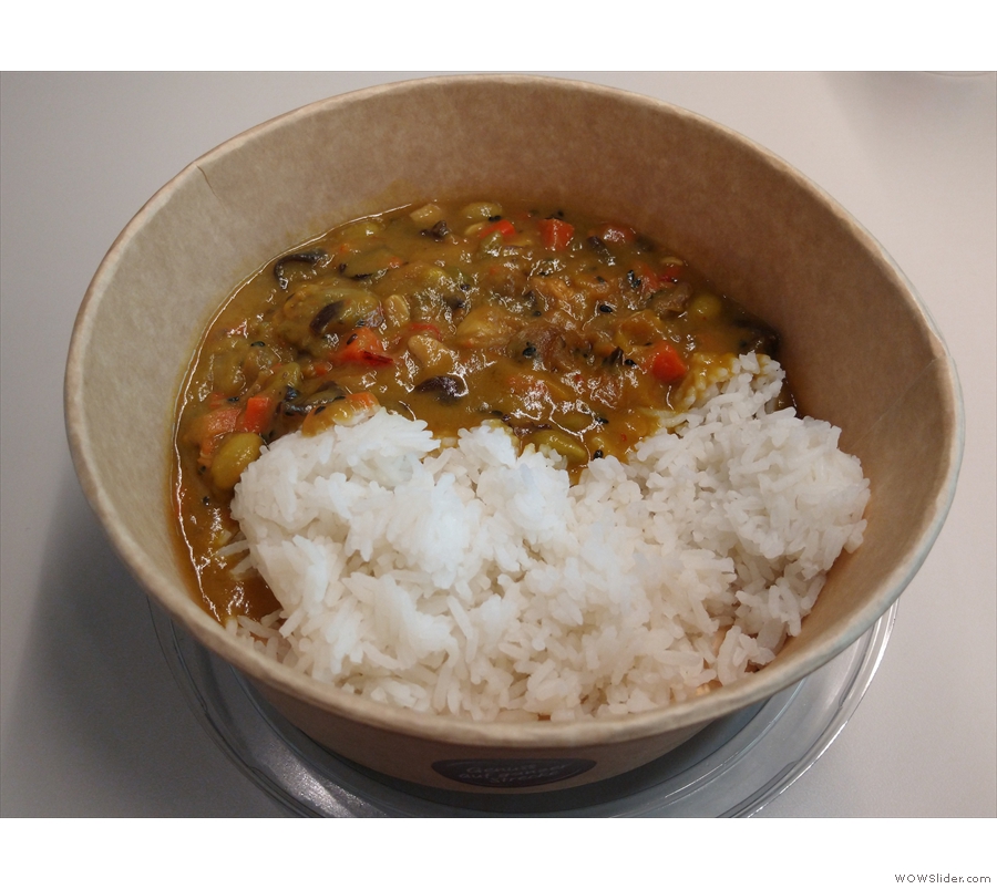 ... the vegan vegetable curry, which was tasty and filling, but came in a cardboard bowl.