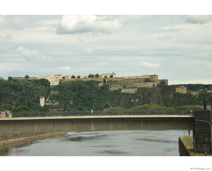... while Ehrenbreitstein Fortress looms on top of the cliffs on the far bank of the Rhine.