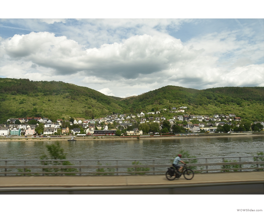 The view directly across the Rhine to Kamp-Bornhofen (plus a bonus cyclist).