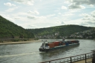As we round the bend, there's a container ship on the Rhine!