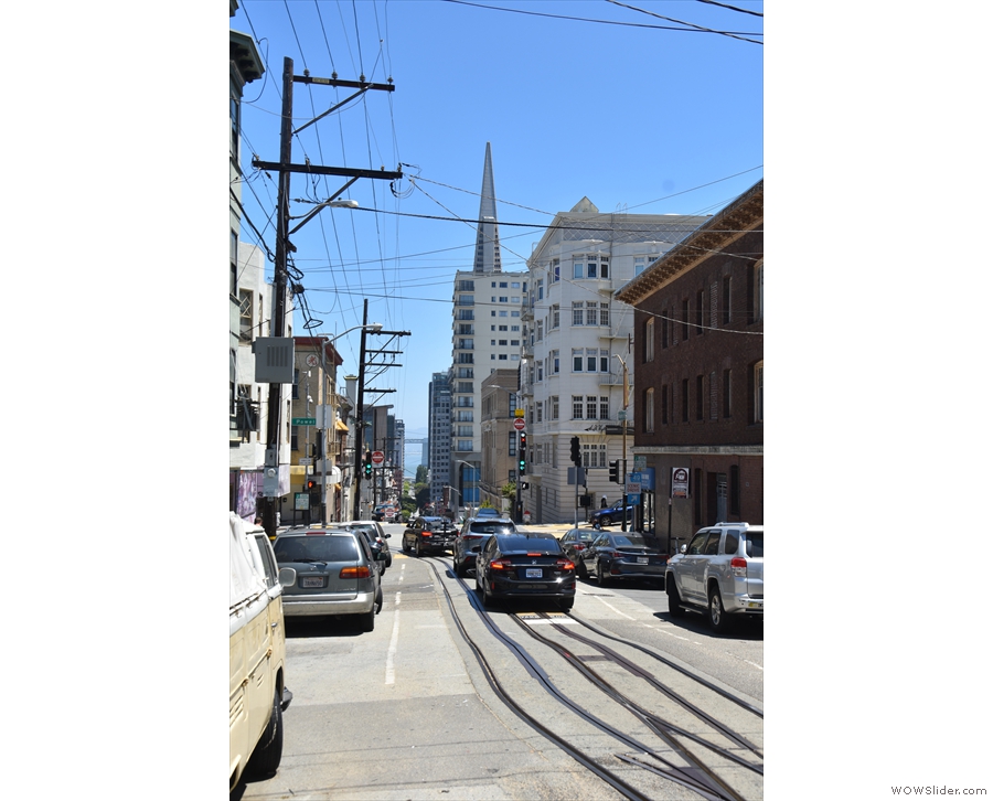 ... while this is the view downhill, past the Transamerica Pyramid to the bay.