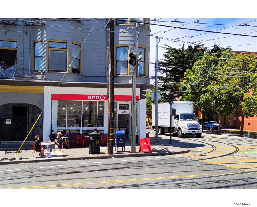 My first sight of Spro Coffee Lab on Church Street, a block north of Mission Dolores Park.