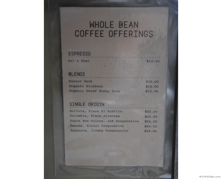 The price list, with almost as many blends as single-origins.