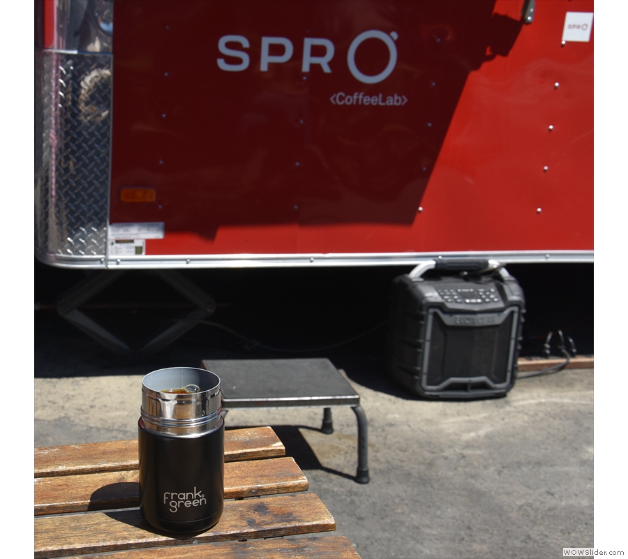 I'll leave you with my coffee, seen here admiring the set-up at the Spro trailer.