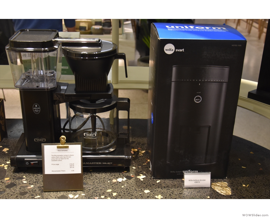 ... and Wilfa electric grinders, along with the Moccamaster automatic filter machine.