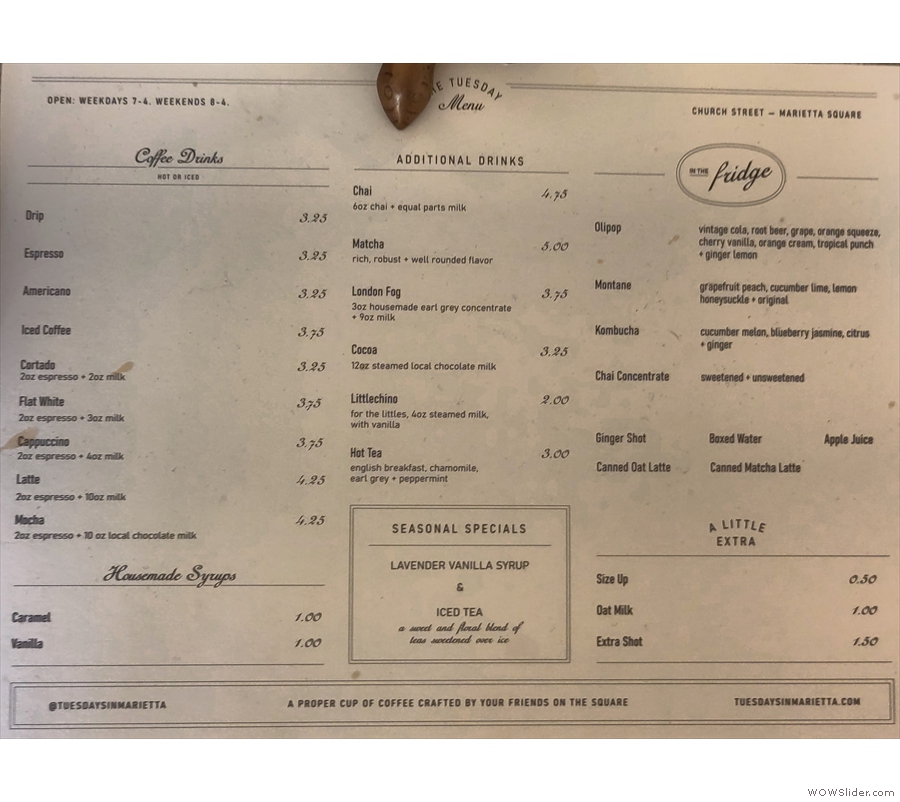 The menu in more detail. There's quite a range of espresso-based drinks, so I ordered...