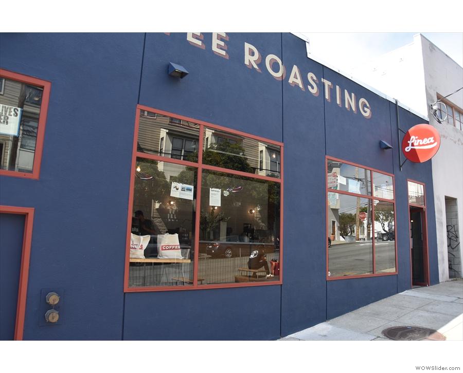 The front of Linea Coffee Roasting + Caffe, seen from the seating terrace...