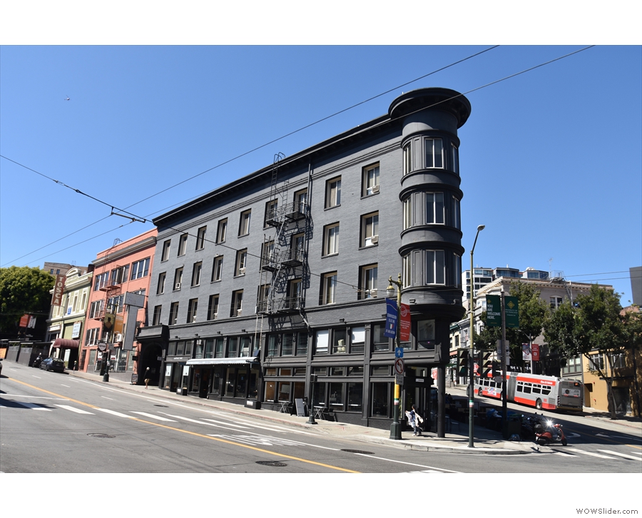 This building stands on the corner of Columbus Avenue and Kearny Street in North Beach.