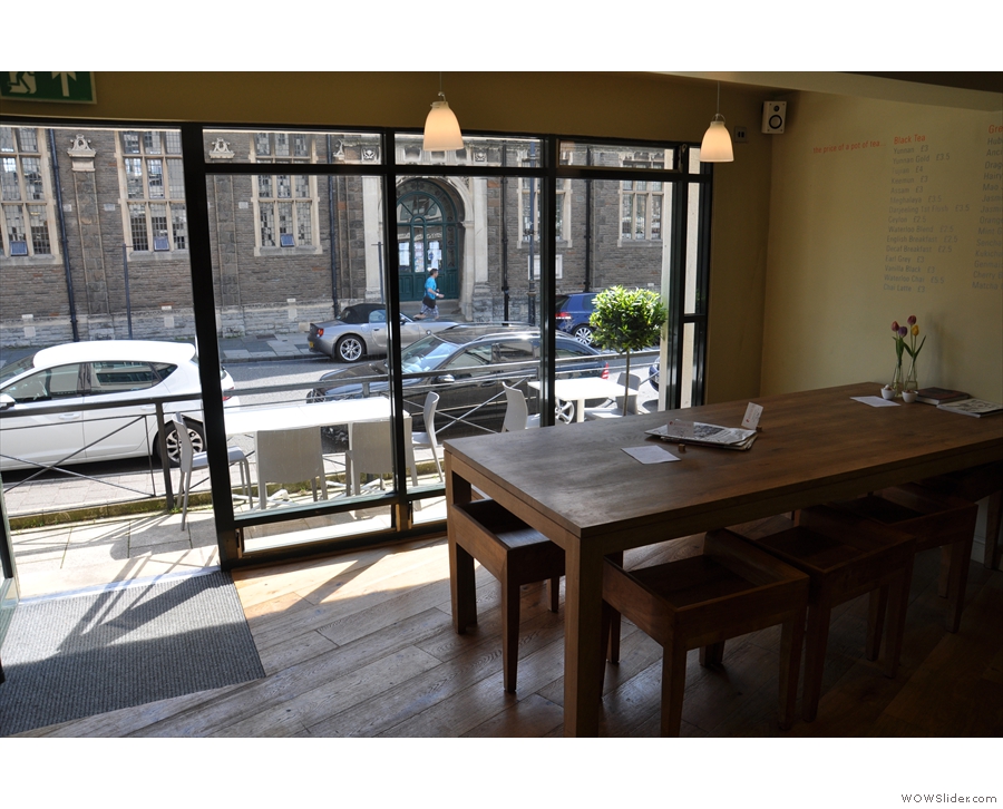 The view from the counter, with the communal table between counter and window.
