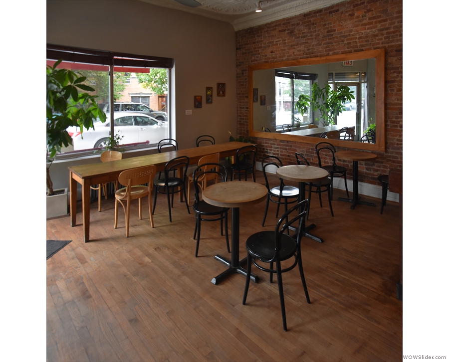 A long communal table runs along the front by the window overlooking Meserole Ave.