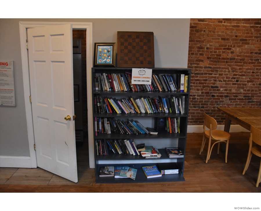 There are the toilets on the left, then this community book case.
