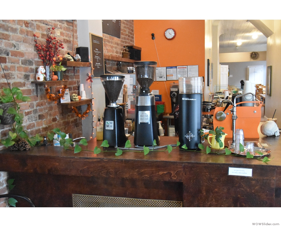 The three espresso grinders are around on the side (house blend, single-origin, decaf)...