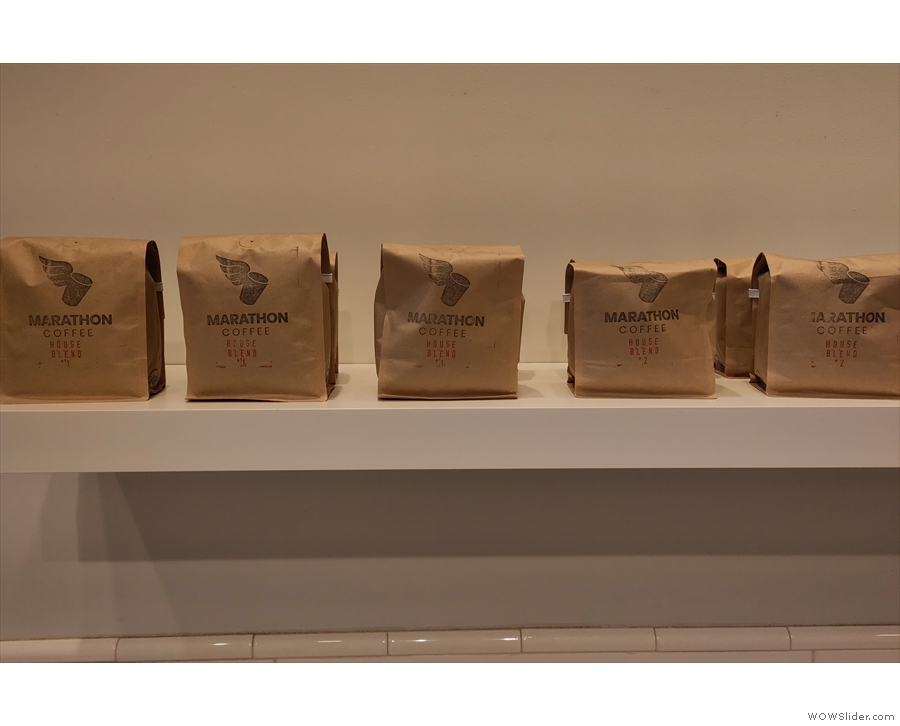 There are bags of the bespoke Marathon Coffee filter blends on the left...