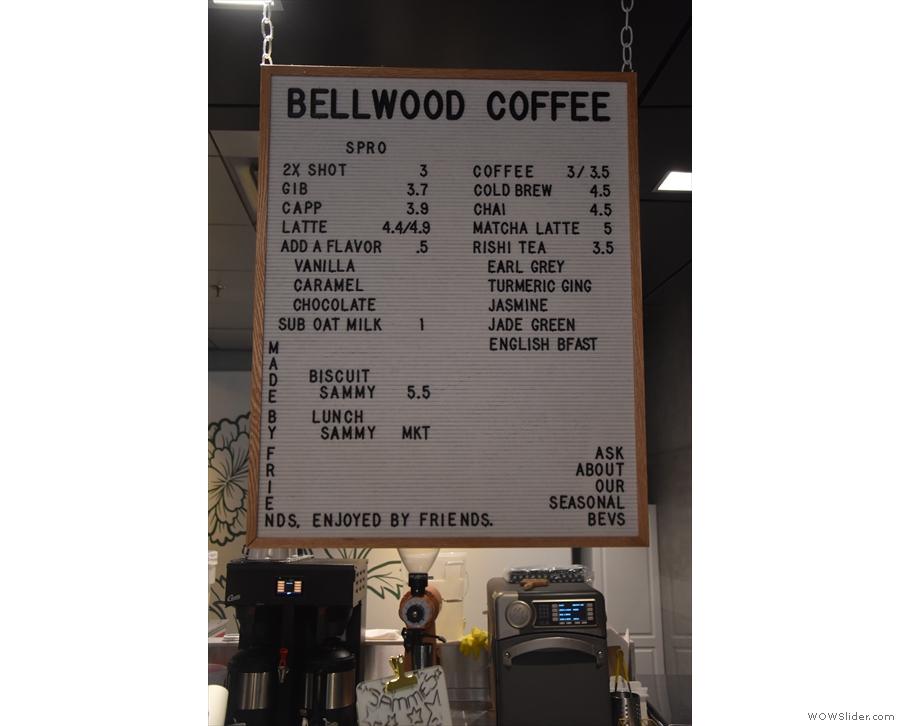 ... while the drinks menu hangs down above the till. The batch brewer for filter coffee...
