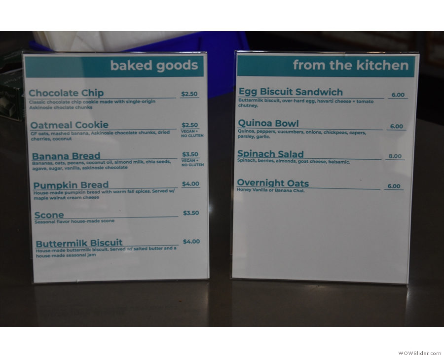 There's also a pair of food menus (bakery, left; brunch, right) on the counter.