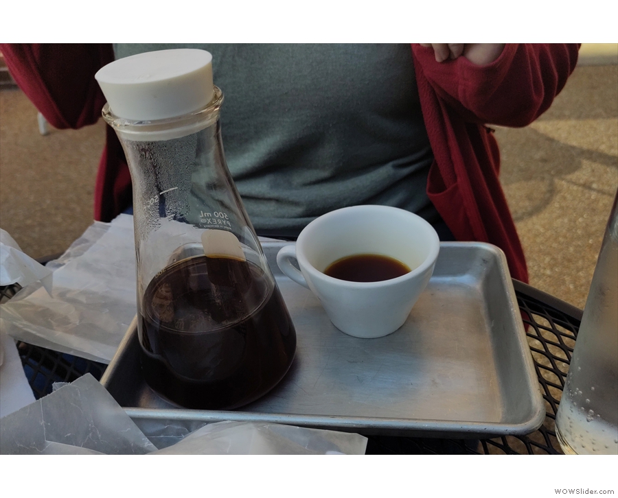 Amanda, meanwhile, had a pour-over, served in a carafe with a stopper, cup on the side.
